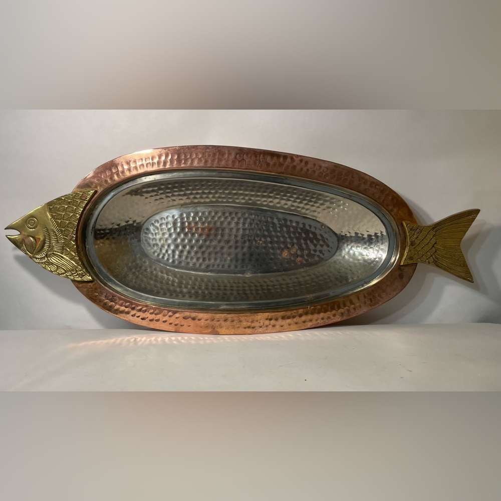 Hammered, copper, and brass, fish, bowl or valet